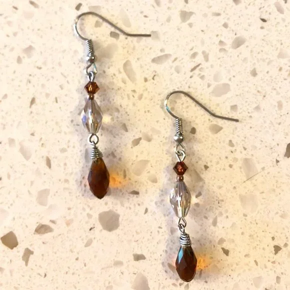Handmade Dangle Earrings with Brown & Clear Crystal Beads - Picture 1 of 2